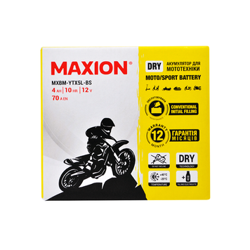 Мото акумулятор MOTO YTX 5L-BS MAXION (12V, 4A) сухий без електроліту (Арт. MXBM-YTX5L-BS) MXBM-YTX5L-BS фото