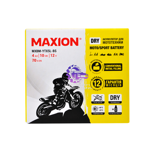 Мото акумулятор MOTO YTX 5L-BS MAXION (12V, 4A) сухий без електроліту (Арт. MXBM-YTX5L-BS) MXBM-YTX5L-BS фото