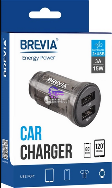 Автомобільний зарядний пристрій Brevia ePower DualDrive 15W 2xUSB-A, прозорий чорний (47015DUB) 47015DUB фото