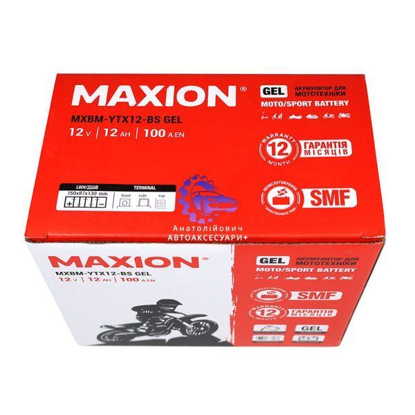 Мотоакумулятор гелевий MAXION MXBM-YTX12-BS GEL 12V 12Ah 100A для мотоциклів, квадроциклів, скутерів MXBM-YTX12-BS GEL фото