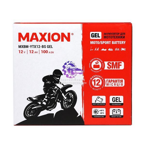 Мотоакумулятор гелевий MAXION MXBM-YTX12-BS GEL 12V 12Ah 100A для мотоциклів, квадроциклів, скутерів MXBM-YTX12-BS GEL фото