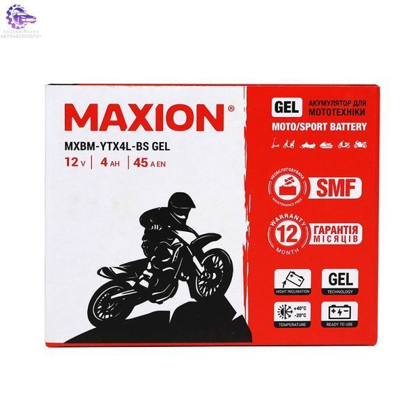 Мото акумулятор гелевий MAXION MXBM-YTX4L-BS GEL 12V 4Ah 45A для скутерів, мотоциклів, квадроциклів MXBM-YTX4L-BS GEL фото