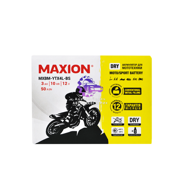 Мото акумулятор MAXION MXBM-YTX4L-BS AGM 12V, 4A, сухозаряджений без електроліту (Арт. MXBM-YTX4L-BS) MXBM-YTX4L-BS фото