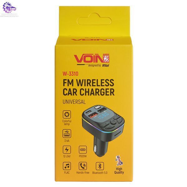 FM-модулятор VOIN W-3310 BT 5.0, PD 20W, Hands Free, RGB W-3310 фото