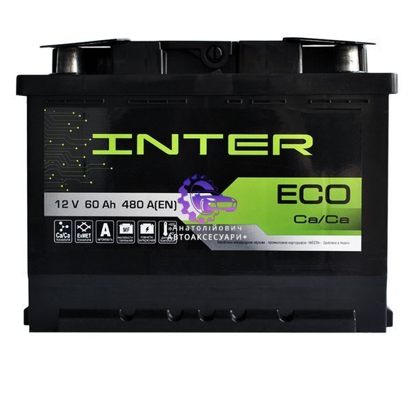 Автомобільний акумулятор INTER Eco 60Ah 480A L+ L2 (4820219073536) - Звичайна технологія, Ліва полярність, Євро-формат, Україна 4820219073536 фото