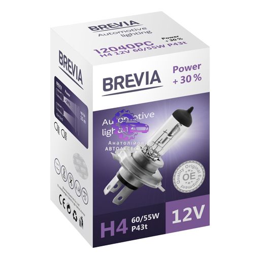 Галогенова лампа Brevia H4 12V 60/55W P43t Power +30% CP (Арт. 12040PC) 12040PC фото